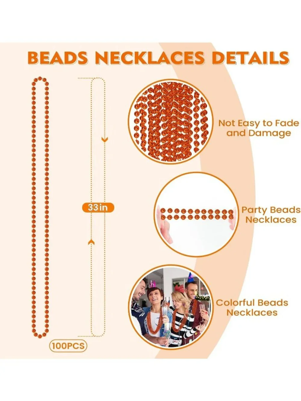 100PCS Orange Mardi Gras Bead Necklaces 33